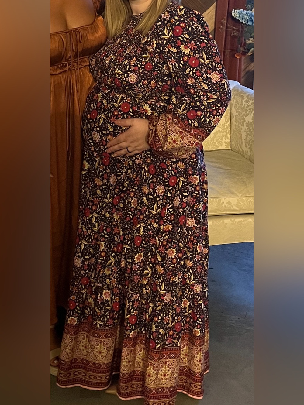 Floral Long-Sleeve Maxi Dress in Black and Red - in loom